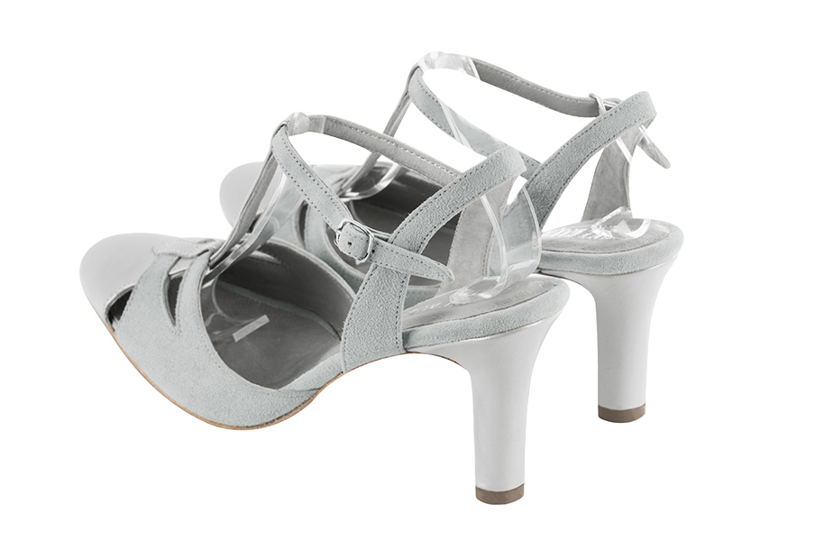 Light silver and pearl grey women's open back T-strap shoes. Round toe. High kitten heels. Rear view - Florence KOOIJMAN